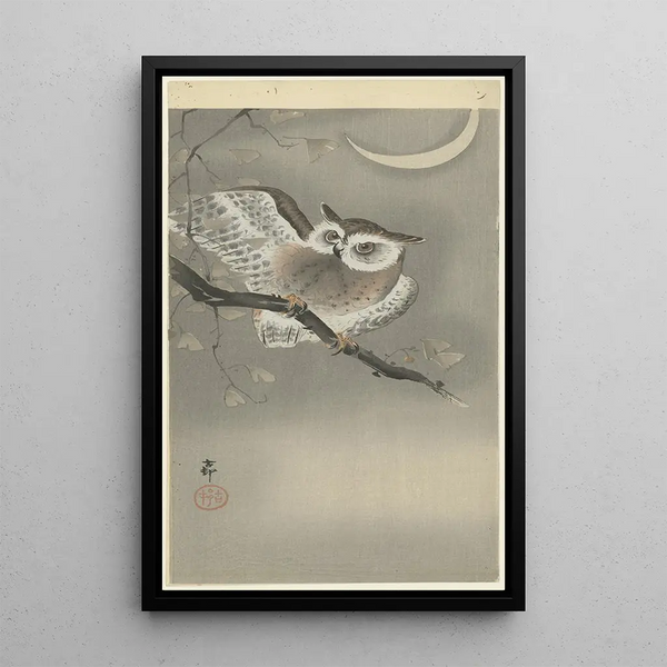 Hibou moyen-duc i en ginkgo - Ohara Koson — inramlat konstverk på väggen
