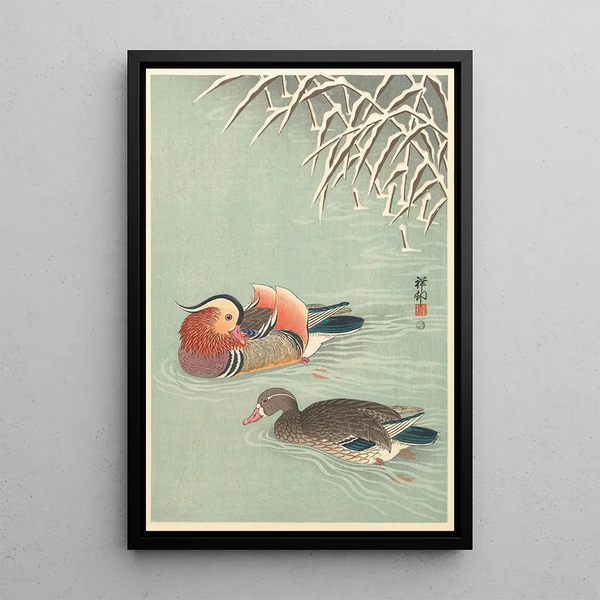 Kanadagäss mandariner - Ohara Koson — inramlat konstverk på väggen