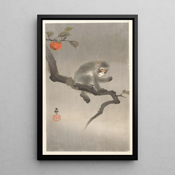Singe dans un plaqueminier - Ohara Koson — inramlat konstverk på väggen