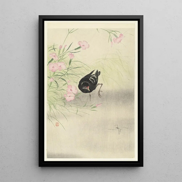 en andhona nära en blommande växt - Ohara Koson — inramlat konstverk på väggen