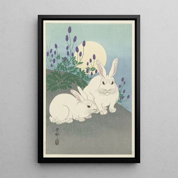 kaniner i full storlek - Ohara Koson — inramlat konstverk på väggen