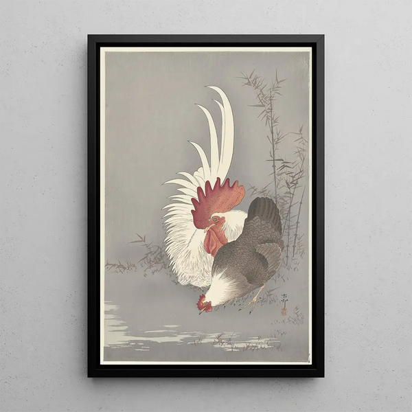 Ko och höna - Ohara Koson — inramlat konstverk på väggen