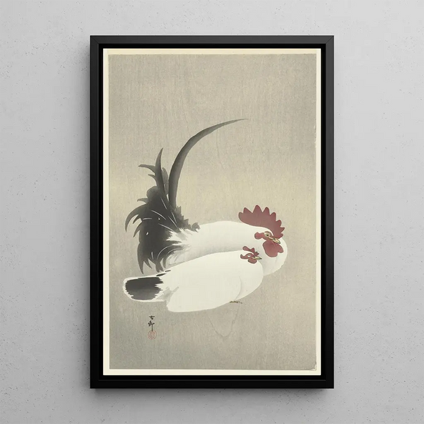 Ko och höna - Ohara Koson — inramlat konstverk på väggen