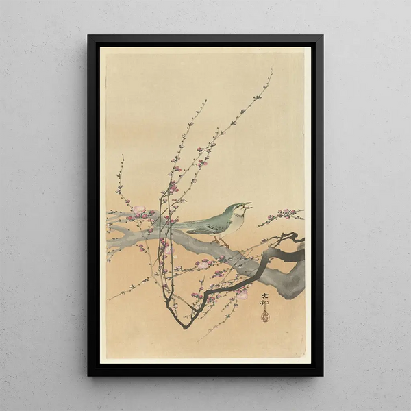 Fågel som sjunger och plommonblomma - Ohara Koson — inramlat konstverk på väggen