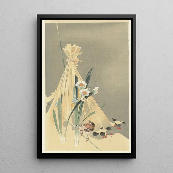 fågelsångare nära en höbunt - Ohara Koson — inramlat konstverk på väggen