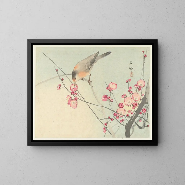 fågelsångare på en blommande gren - Ohara Koson — inramlat konstverk på väggen