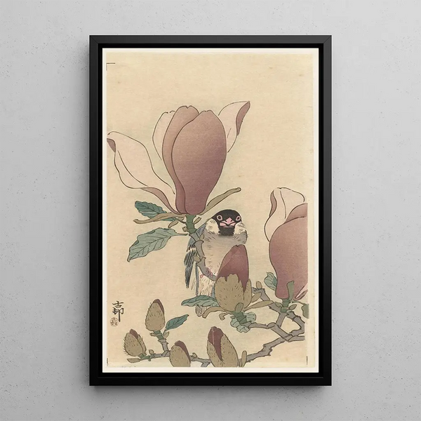 en sparv på en magnoliablad i blomning - Ohara Koson — inramlat konstverk på väggen