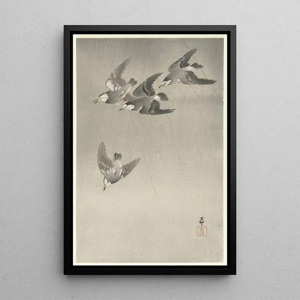 Étourneaux sous la pluie - Ohara Koson — inramlat konstverk på väggen