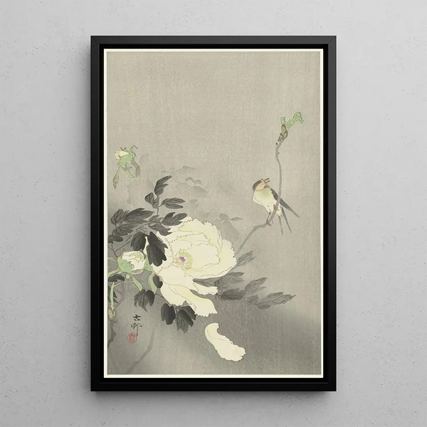 Hirondelle med pion - Ohara Koson — inramlat konstverk på väggen