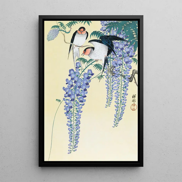 Hirondelles et glycine - Ohara Koson — inramlat konstverk på väggen
