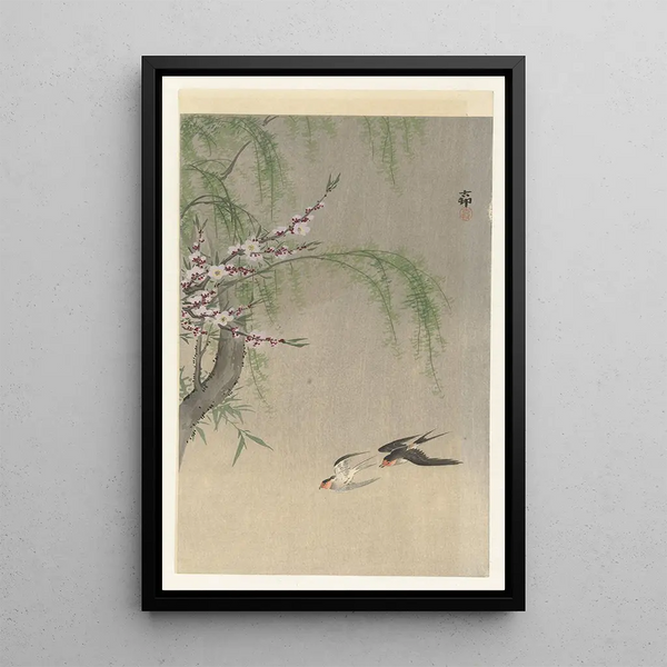 Hirondelles en vol - Ohara Koson — inramlat konstverk på väggen