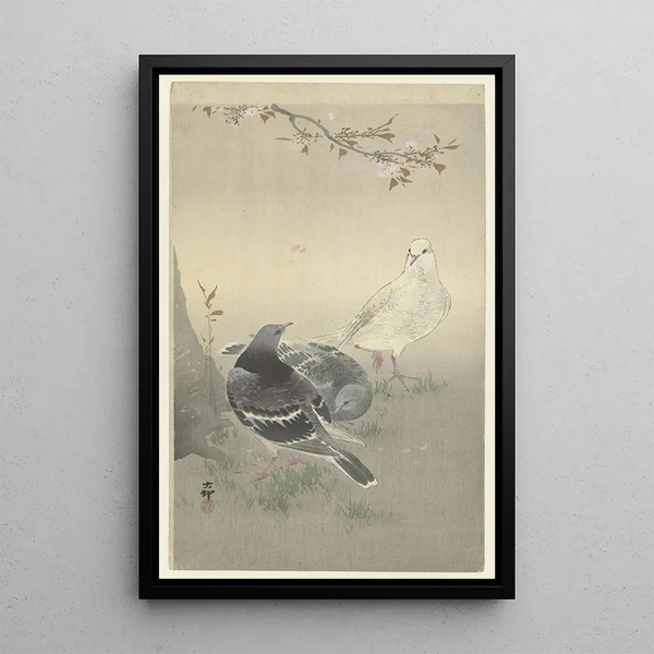 Tre tama duvor - Ohara Koson — inramlat konstverk på väggen