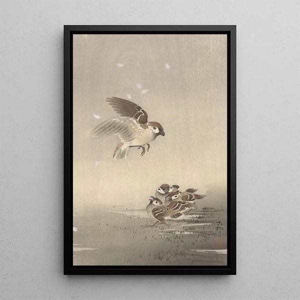 en ung sparv - Ohara Koson — inramlat konstverk på väggen