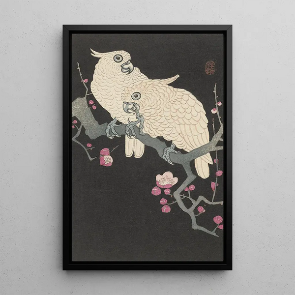 två kakaduor och prunusblommor - Ohara Koson — inramlat konstverk på väggen
