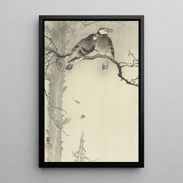 två grå stare - Ohara Koson — inramlat konstverk på väggen