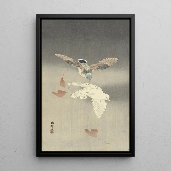 Två duvor med fallande ginkgo-blad - Ohara Koson — inramlat konstverk på väggen