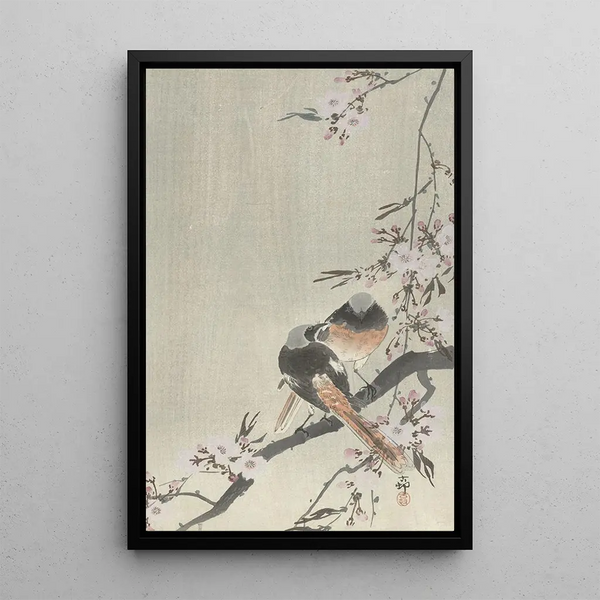 Två röda svansar glaserade med körsbärsblommor - Ohara Koson — inramlat konstverk på väggen