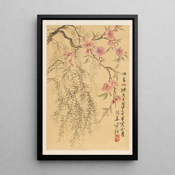 Fleurs de pêcher et saules - Okada Hankō — inramlat konstverk på väggen