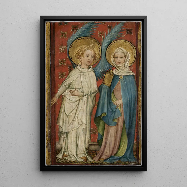 L'Ange et Marie-Madeleine au sépulcre - Maître ancien des portes de garde-robe d'Aix-la-Chapelle — inramlat konstverk på väggen