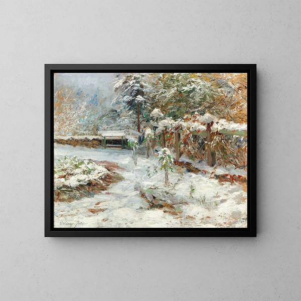 Snö i oktober, motiv från trädgården vid Hartenstein-slottet - Olga Wisinger-Florian — inramlat konstverk på väggen