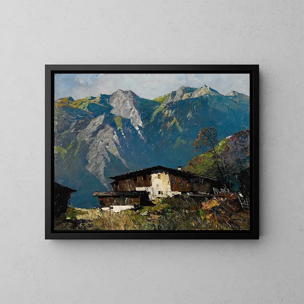 bergsby i Vinschgau - Oskar Mulley — inramlat konstverk på väggen