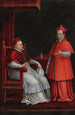 Välgörenhet av den påvliga målningen Le pape Paul V assis avec son neveu Scipione Borghese - Ottavio Leoni — inramlat konstverk på väggen