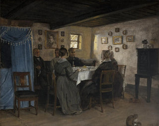 vänner och familj till konstnärer sittande runt ett bord i Vejby, Nordjylland - P. C. Skovgaard — vy av konstverket