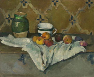 naturtavla med en kruka, en kopp och äpplen - Paul Cézanne — vy av konstverket