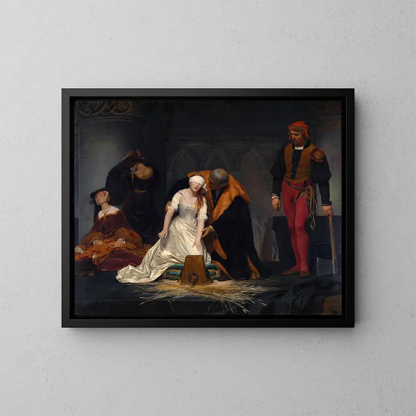 Långt Konsttryck av Lady Jane Grey:s avrättning vid Tower of London 1554 - Paul Delaroche — inramlat konstverk på väggen