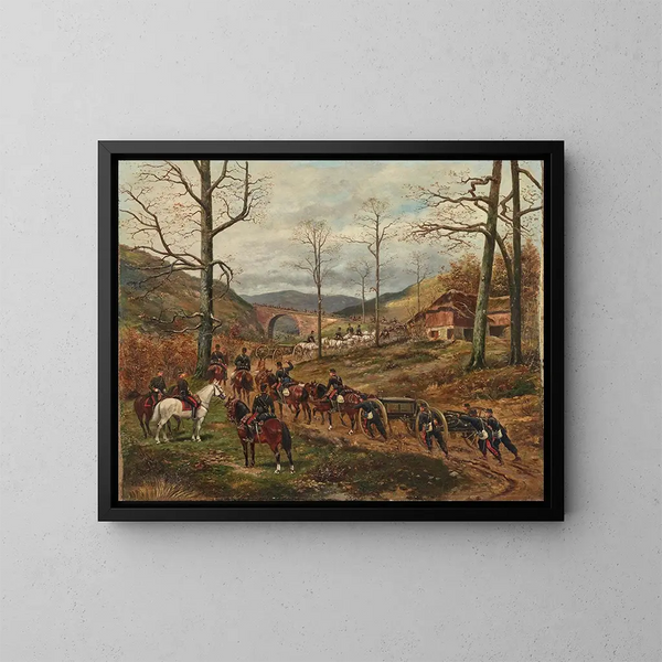 Längd: 60 cm, Höjd: 45 cm, Material: Olja på duk, Ursprung: Frankrike, År: 19th century, Konsttryck av Paul Émile Léon Perboyre, "L'artillerie à cheval française de la 90e avancée sur Rezonville" — inramlat konstverk på väggen