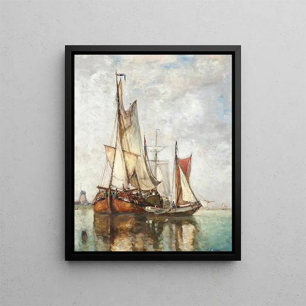Paul Jean Clays - Barges Moored Before A Windmill.webp