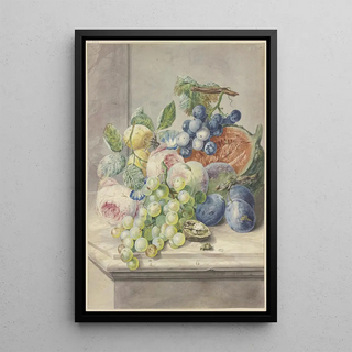 Paul Theodor Van Brussel - Fruchtstck mit einer aufgeschnittenen Melone und zwei Rosen Trauben Pfirsichen Pflaumen und einer Walnuss.webp