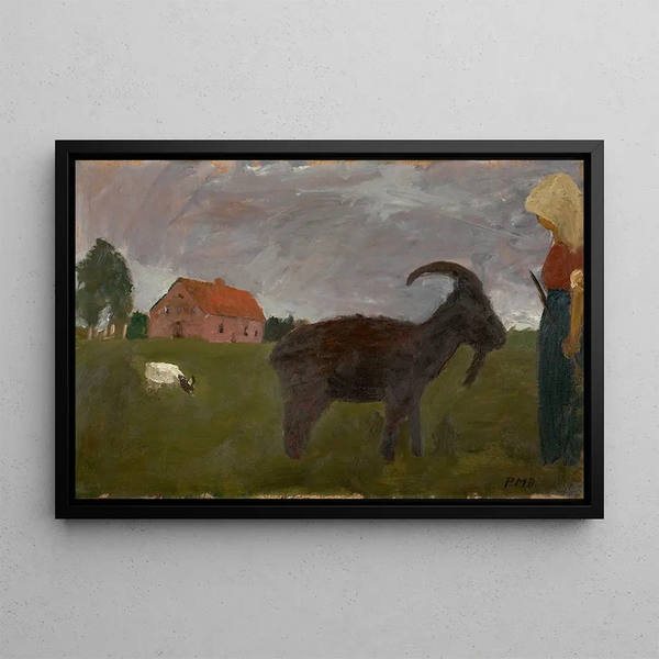 bondgård med två getter framför gården - Paula Modersohn-Becker — inramlat konstverk på väggen
