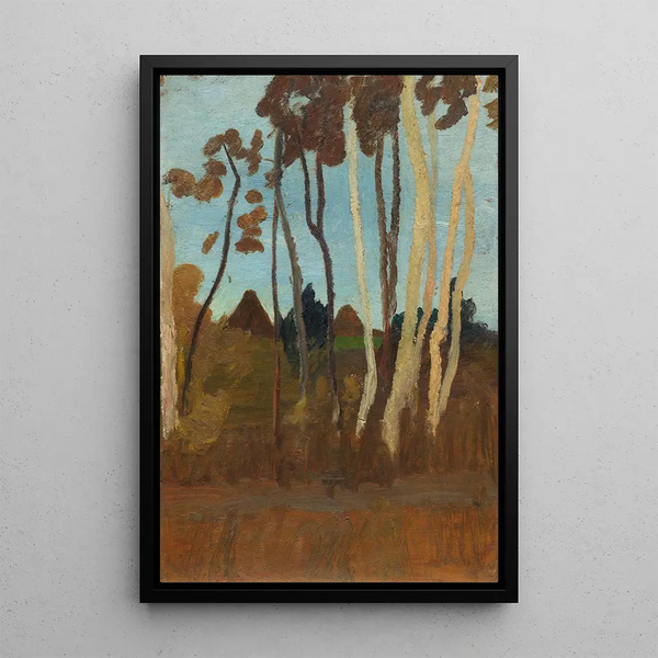 Landskap med björkar i bakgrunden och två husgavelar - Paula Modersohn-Becker — inramlat konstverk på väggen