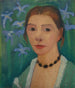 självporträtt framför en grön bakgrund med en blå iris - Paula Modersohn-Becker — vy av konstverket