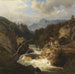 Landskapsbild av berg med jägare vid en strömmande flod - Leonhard Rausch — visat i en interiör