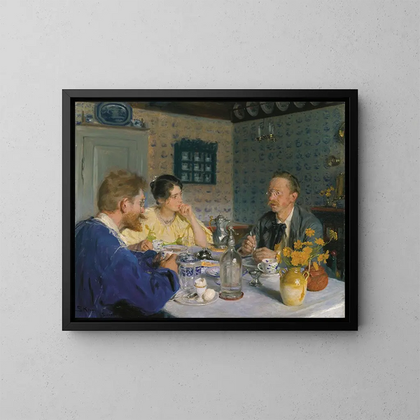 En frukost, konstnären, hans fru och författaren Otto Benzon - Peder Severin Krøyer — inramlat konstverk på väggen