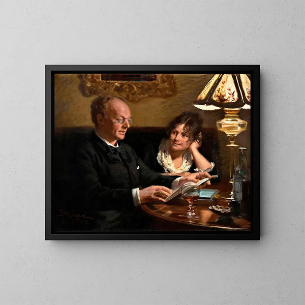 det dubbla porträttet av den kungliga skådespelaren Emil Poulsen (1842-1911) och hans fru Anna född Nser (1849-1934) - Peder Severin Krøyer — inramlat konstverk på väggen