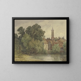 Peter Burnitz - Weiher dahinter Huser eines Dorfes mit Kirchturm.webp