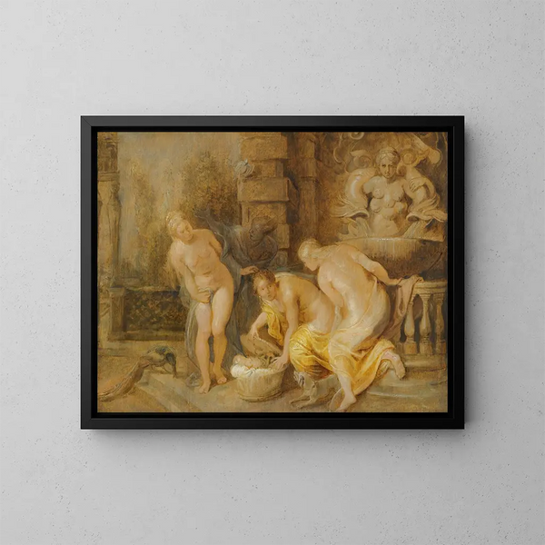 La découverte du bébé Érichthonios par les filles de Cécrops - Peter Paul Rubens — inramlat konstverk på väggen