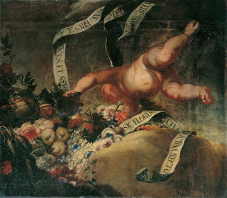 Peter Strudel - Putto mit Blumen Frchten und Spruchband.webp