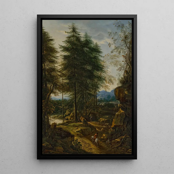 landskapsbild med berg och ryttare på en väg - Peter von Bemmel — inramlat konstverk på väggen