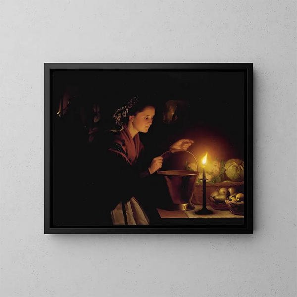 En marknadsscen vid ljuset av ljus - Petrus van Schendel — inramlat konstverk på väggen