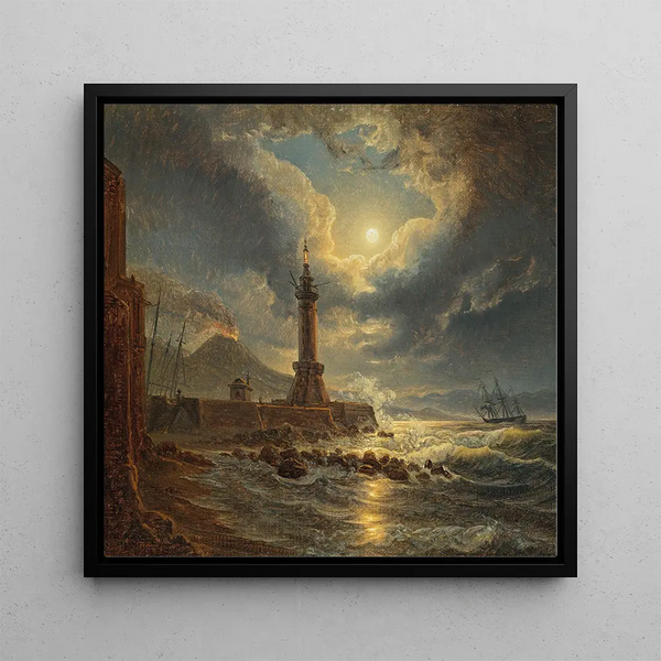 Phare dans le port de Naples au clair de lune - Joseph Rebell