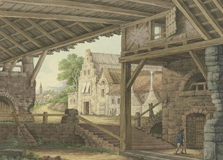 Philipp Jakob Bauer - Ein groer Schuppen gewhrt einen Ausblick auf ein Dorf.webp