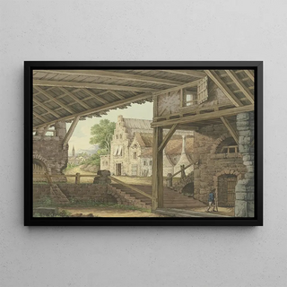 Philipp Jakob Bauer - Ein groer Schuppen gewhrt einen Ausblick auf ein Dorf.webp