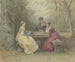 Läsning i parken, tre unga damer i watteau-klädsel sittande runt ett stenbord - Philipp Rumpf — vy av konstverket