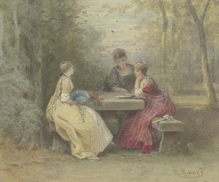 Läsning i parken, tre unga damer i watteau-klädsel sittande runt ett stenbord - Philipp Rumpf — vy av konstverket