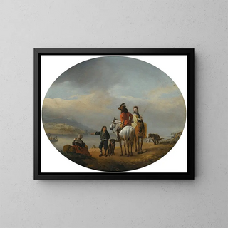 Philips Wouwerman - A Lady And A Gentleman On Horseback Being Shown To An Approaching Ferry By A Young Page.webp