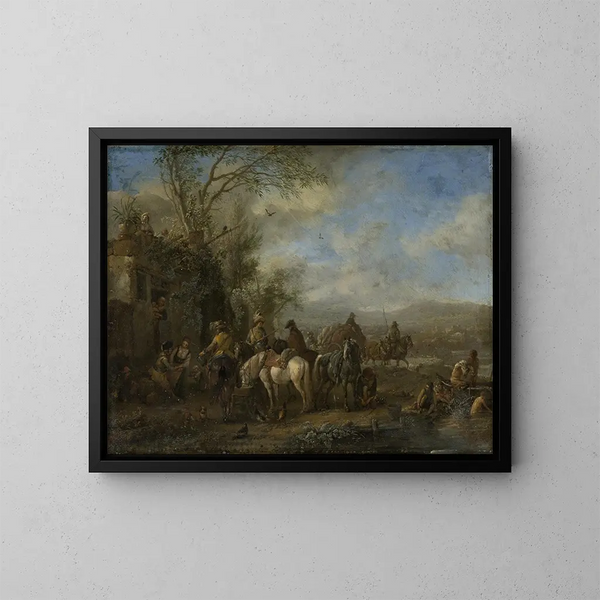 Kavallerister framför ett värdshus - Philips Wouwerman — inramlat konstverk på väggen